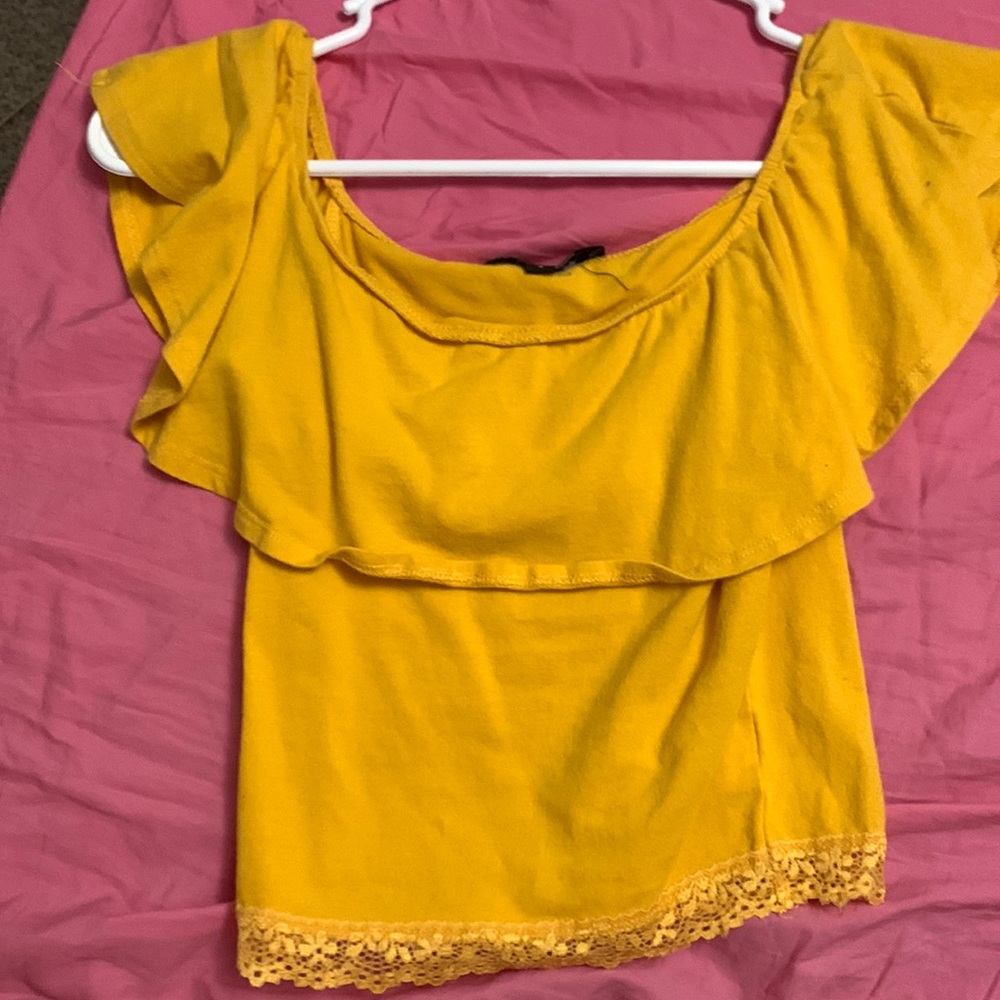 Mustard yellow off the shoulder tee shirt